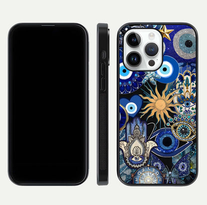 Mystic Blue Evil Eye Glass Case for iPhone 14 Pro front & back layout showing elegant tones and edge finish