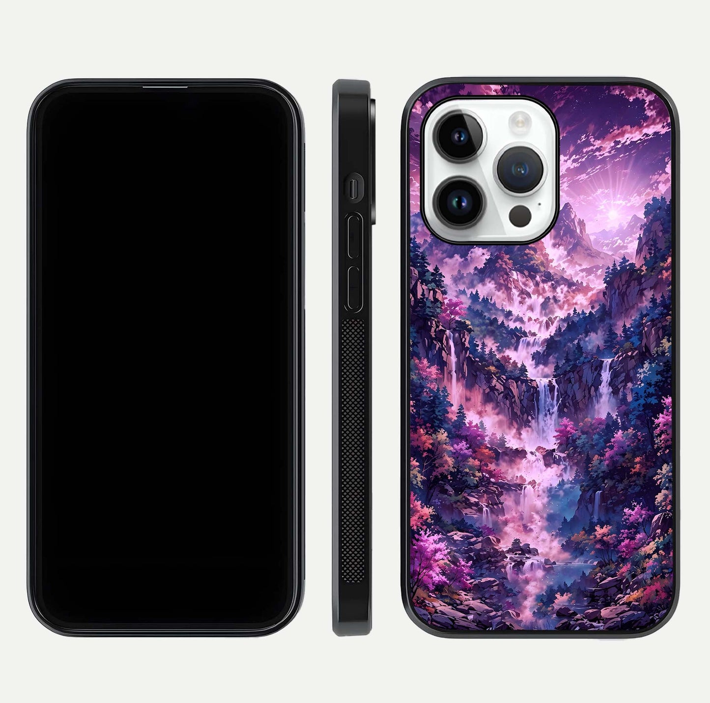 Mystic Cascade Peaks Glass Case for iPhone 14 Pro front & back layout highlighting HD landscape tones