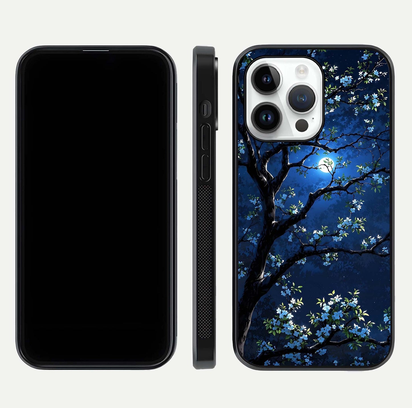Mystic Floral Night Glass Case for iPhone 14 Pro front & back layout showing elegant floral art and smooth edges