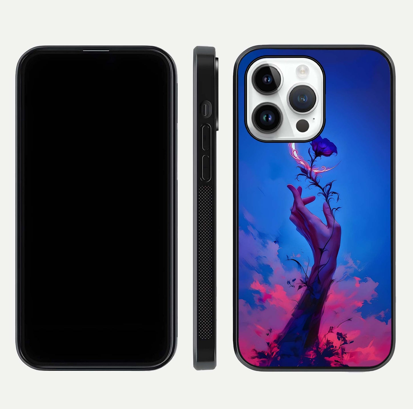 Mystic Hand Glass Case for iPhone 14 Pro front & back layout highlighting mystic design and smooth edges