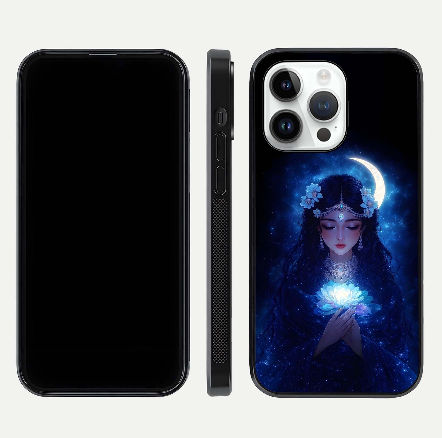 Mystic Moon Queen Glass Case for iPhone 14 Pro front & back layout highlighting divine illustration and edges