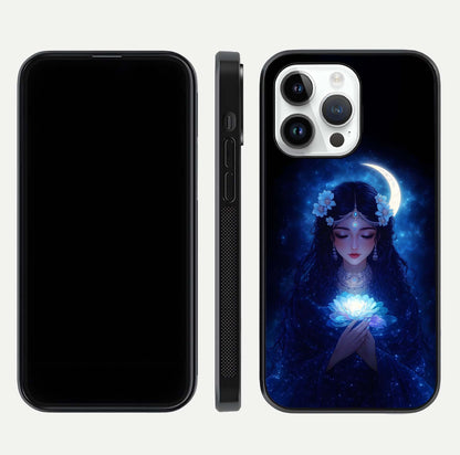 Mystic Moon Queen Glass Case for iPhone 14 Pro front & back layout highlighting divine illustration and edges