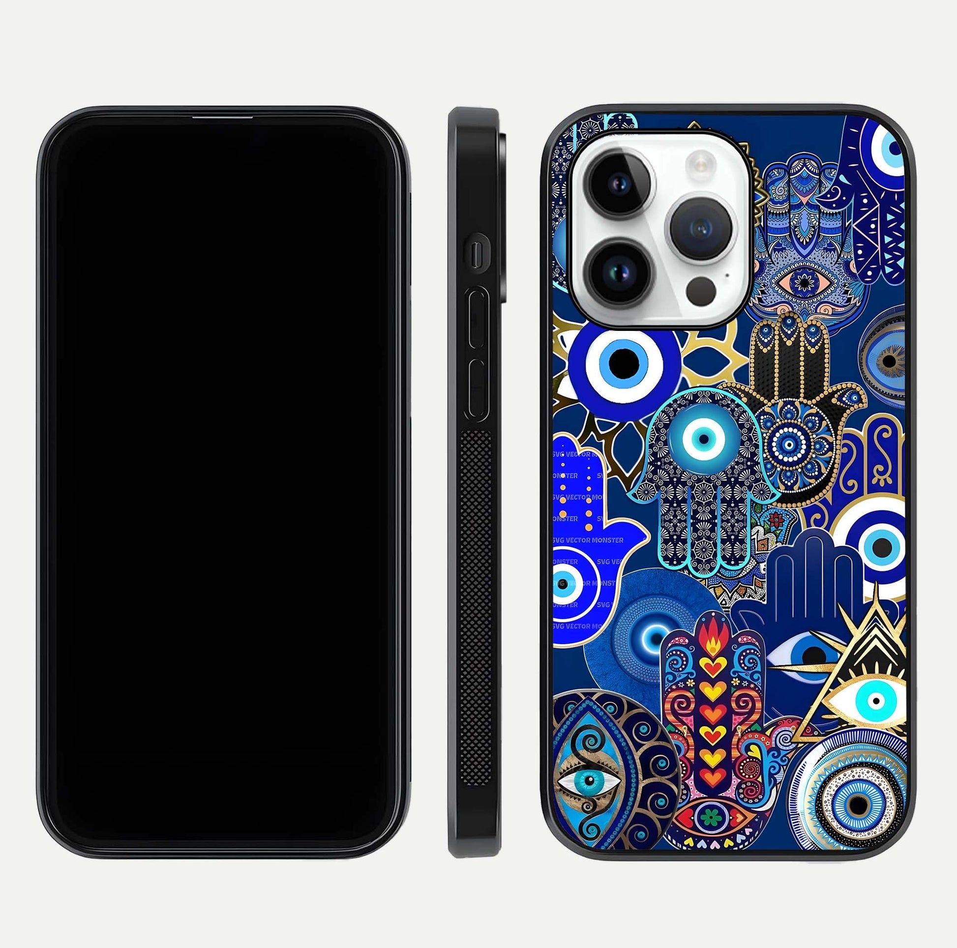 Mystic Palm Guard Glass Case for iPhone 14 Pro front & back layout highlighting spiritual art and edge finish
