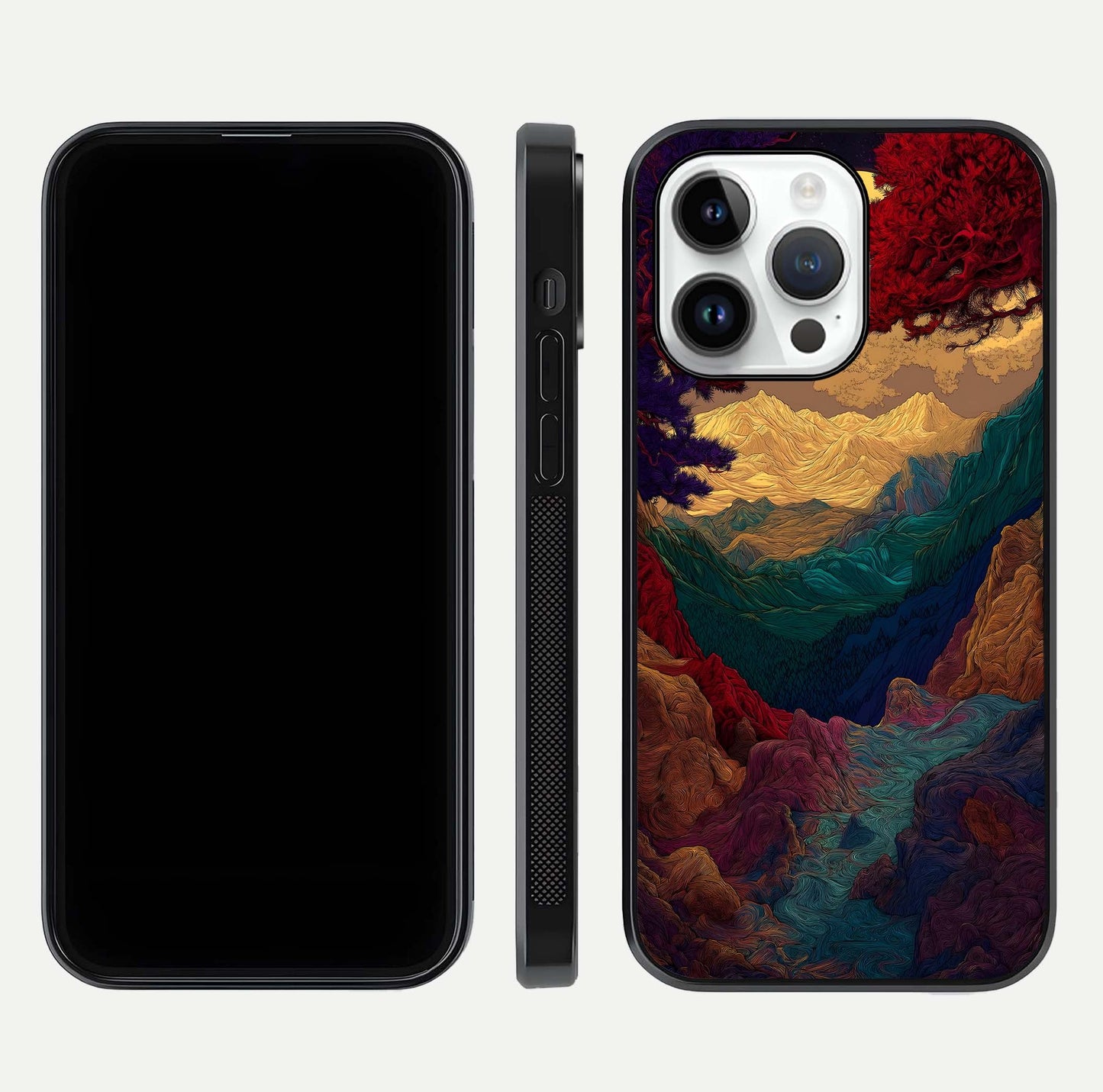 Mystic Valley Light Glass Case for iPhone 14 Pro front & back layout displaying landscape tones and edges