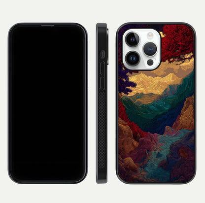 Mystic Valley Light Glass Case for iPhone 14 Pro front & back layout displaying landscape tones and edges