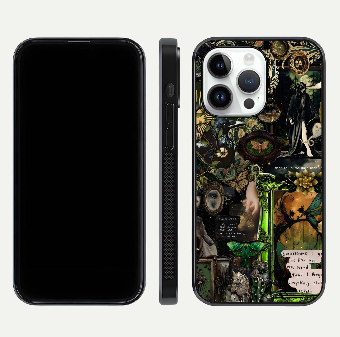 Mystic Woods Secret Glass Case for iPhone 14 Pro front & back layout showing nature theme and smooth edges