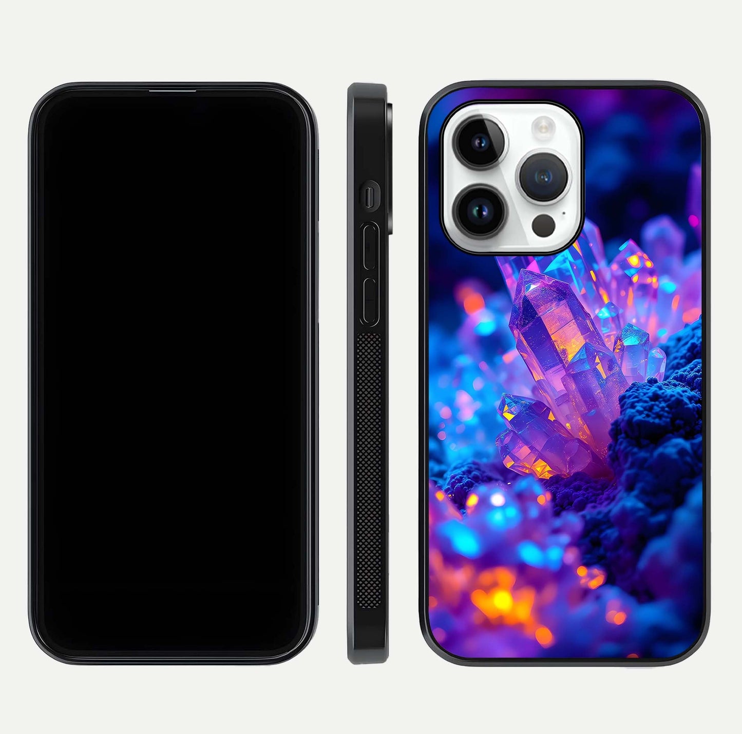 Neon Aura Shards Glass Case for iPhone 14 Pro front & back layout showing vivid tones and edge finish