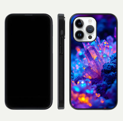 Neon Aura Shards Glass Case for iPhone 14 Pro front & back layout showing vivid tones and edge finish