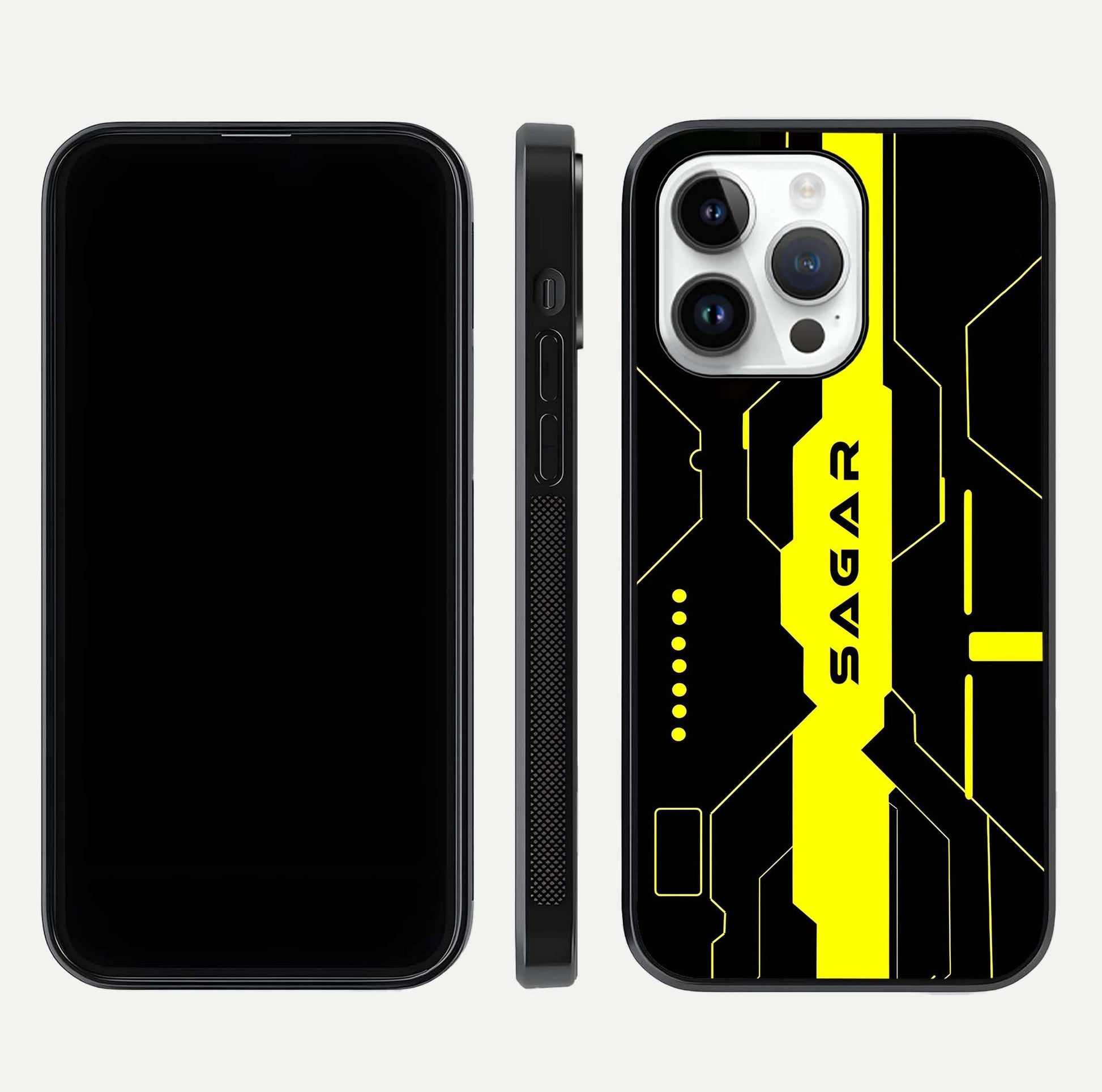 Neon CYBERPUNK Custom Name Glass Case for iPhone 14 Pro front & back layout showing tech art and custom edge