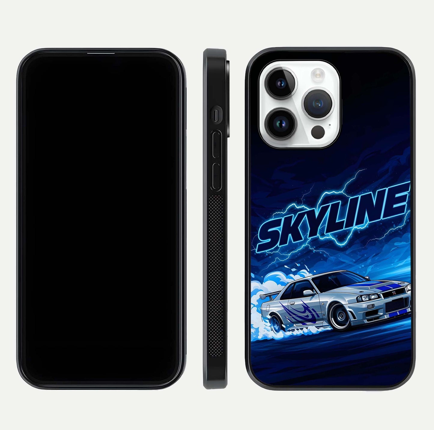 Neon Drift Beast Glass Case for iPhone 14 Pro front & back layout showing car silhouette and edge design