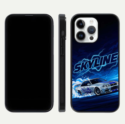 Neon Drift Beast Glass Case for iPhone 14 Pro front & back layout showing car silhouette and edge design