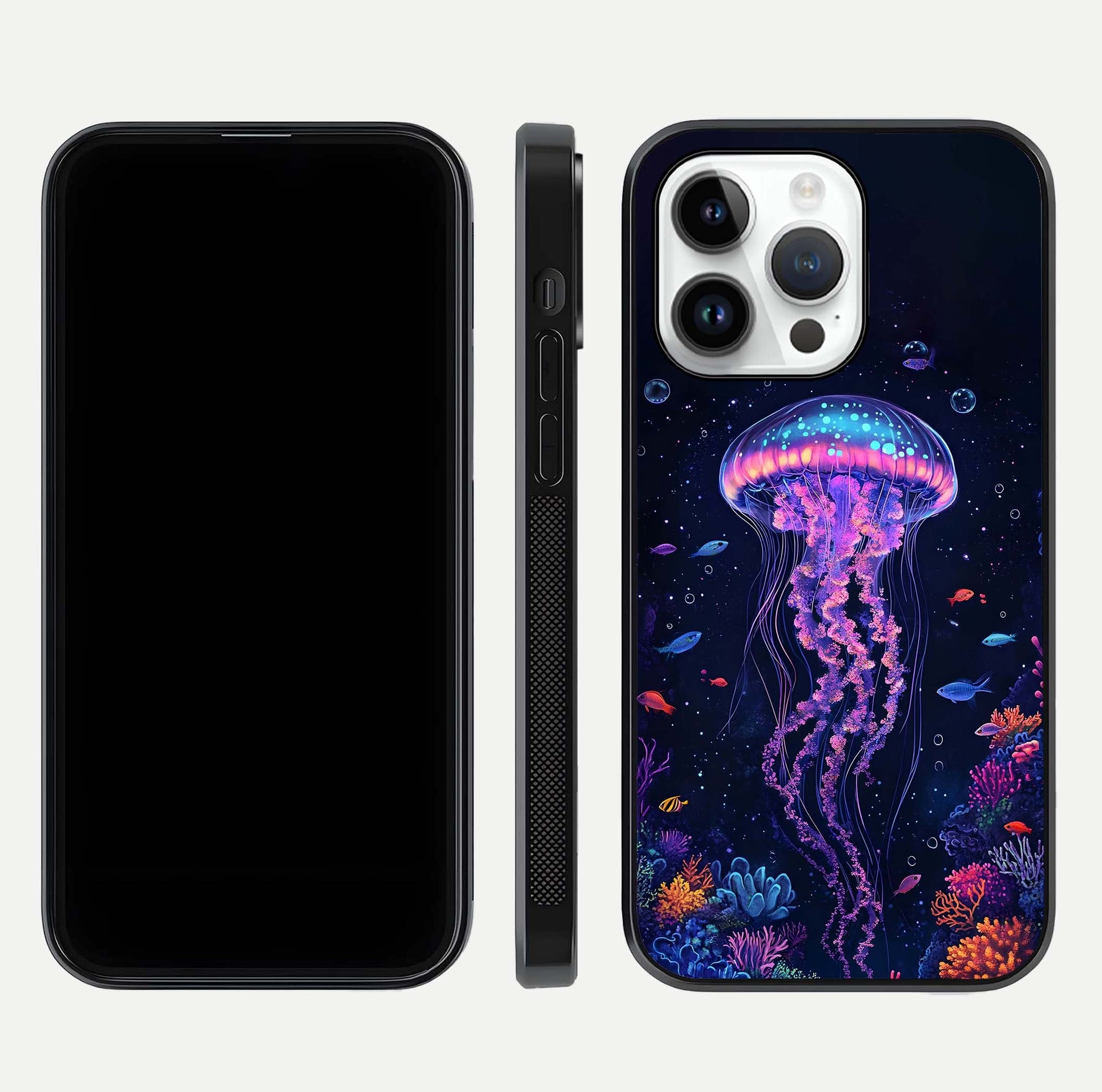 Neon Jellyfish Glass Case for iPhone 14 Pro front & back layout highlighting HD marine art and curved edges