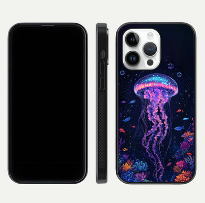 Neon Jellyfish Glass Case for iPhone 14 Pro front & back layout highlighting HD marine art and curved edges