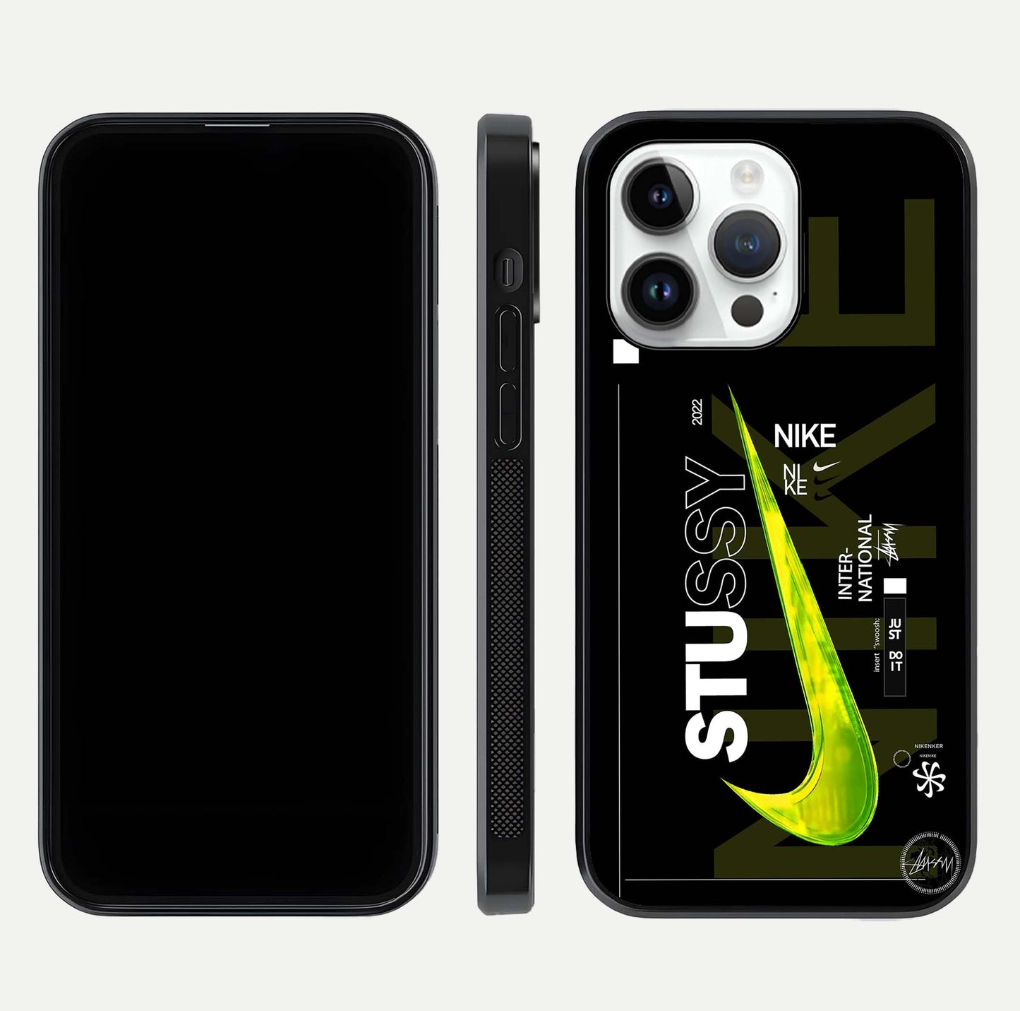 Neon Street Edition Glass Case for iPhone 14 Pro front & back layout highlighting street art vibe and edges