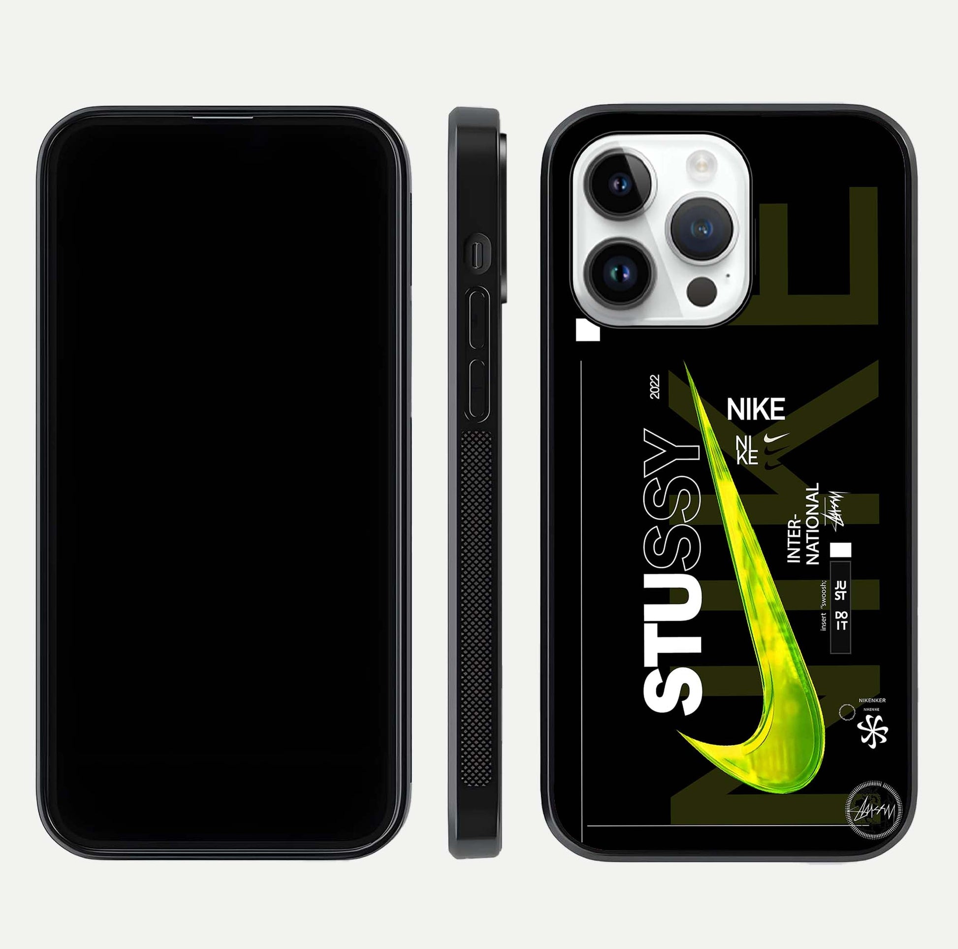 Neon Street Edition Glass Case for iPhone 14 Pro front & back layout highlighting street art vibe and edges