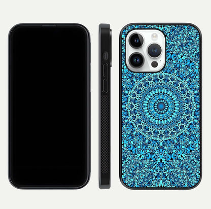 Ocean Bloom Mandala Glass Case for iPhone 14 Pro front & back layout showing ocean tone design and edges