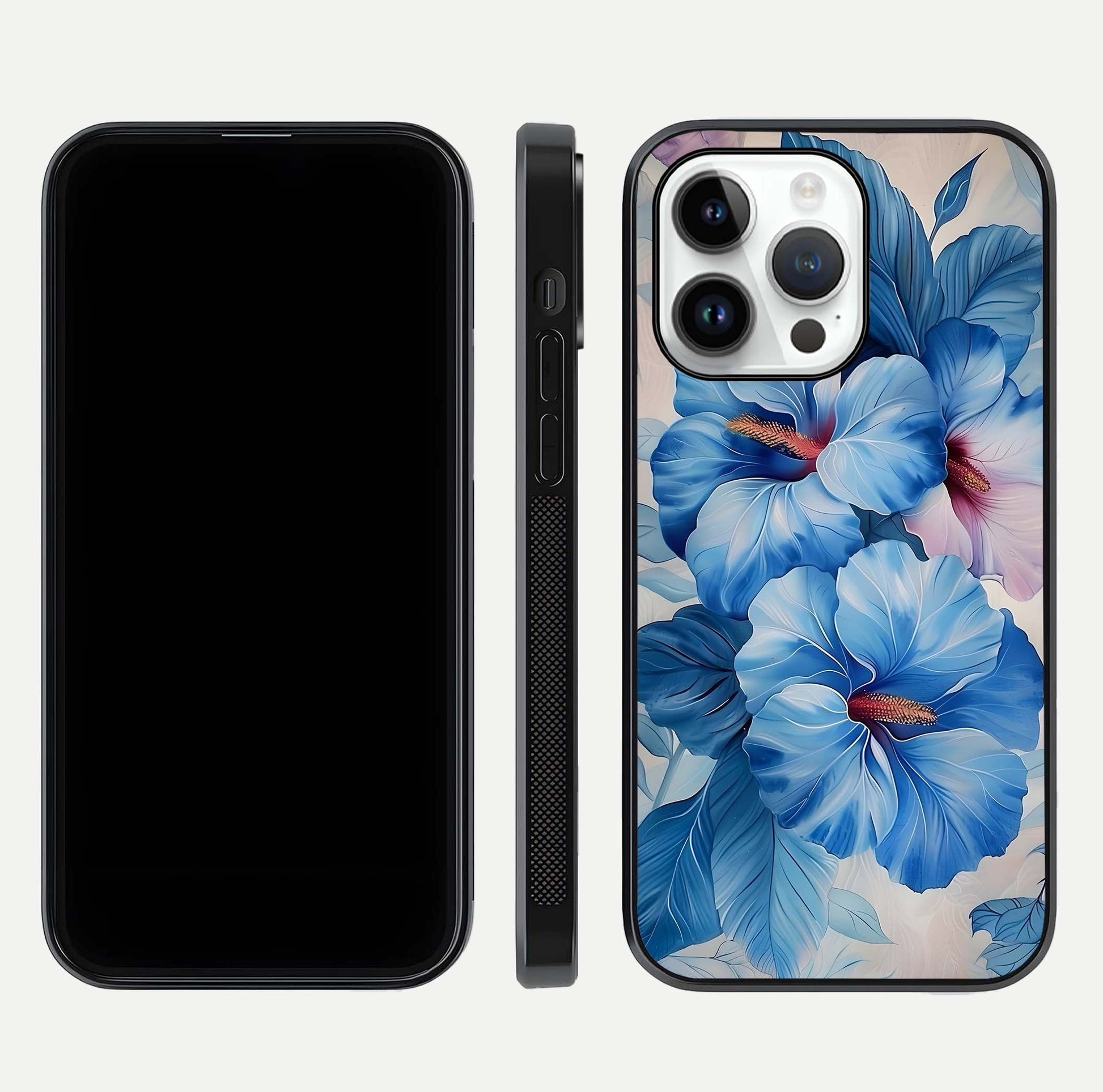 Ocean Hibiscus Grace Glass Case for iPhone 14 Pro front & back layout showing vibrant oceanic tones and curves