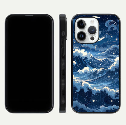 Ocean Moon Waves Glass Case for iPhone 14 Pro front & back layout highlighting water flow and smooth edges