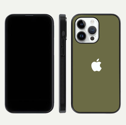 Olive Matte Essence Glass Case for iPhone 14 Pro front & back layout highlighting simple design and clean edges