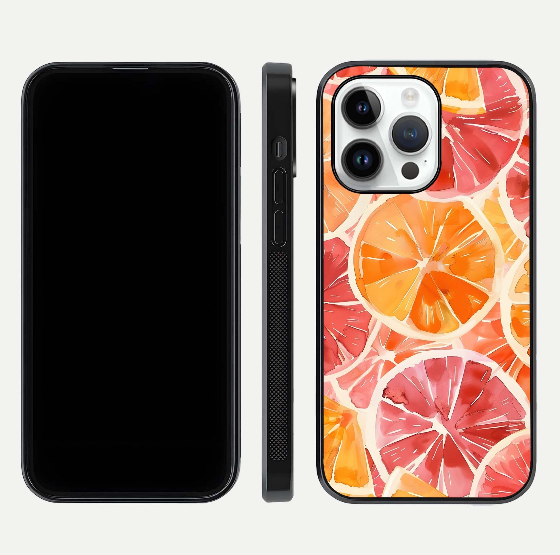 Orange Fruits Pattern Glass Case for iPhone 14 Pro front & back layout highlighting bright colors and clean edges