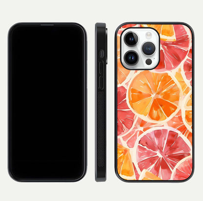Orange Fruits Pattern Glass Case for iPhone 14 Pro front & back layout highlighting bright colors and clean edges