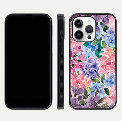 Pastel Floral Mix Glass Case for iPhone 14 Pro front & back layout showing gentle tones and elegant edges