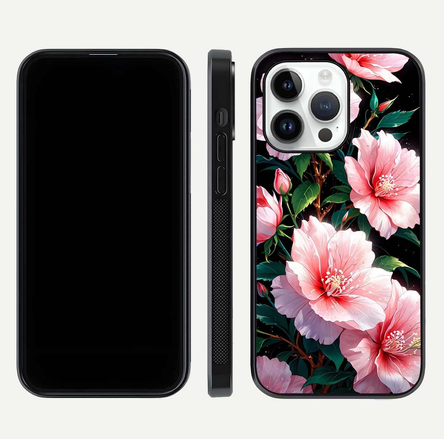 Peach Flower Glass Case for iPhone 14 Pro front & back layout showing elegant floral tones and smooth edges