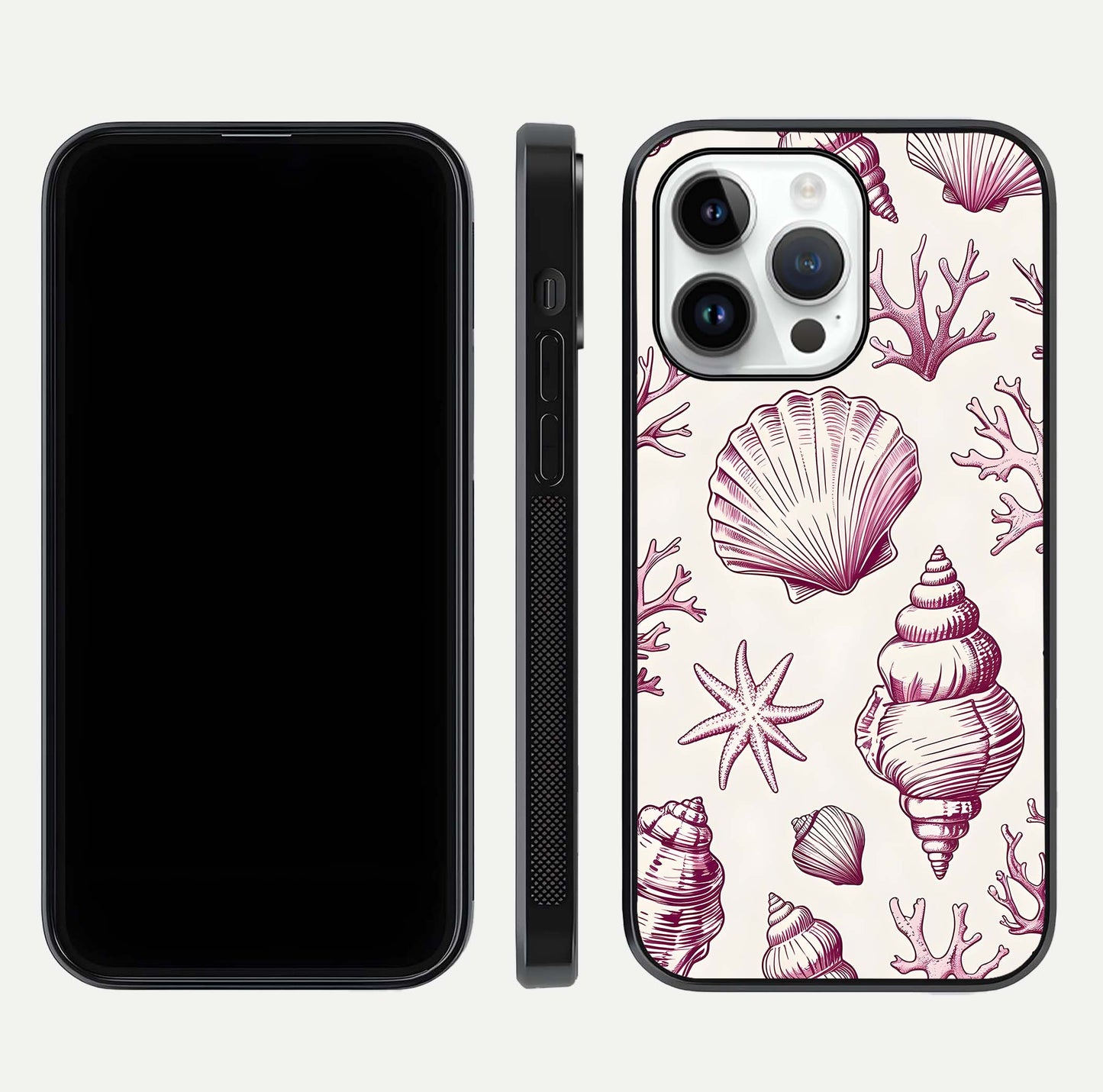Pink Shells Outline Glass Case For iPhone 14 Pro
