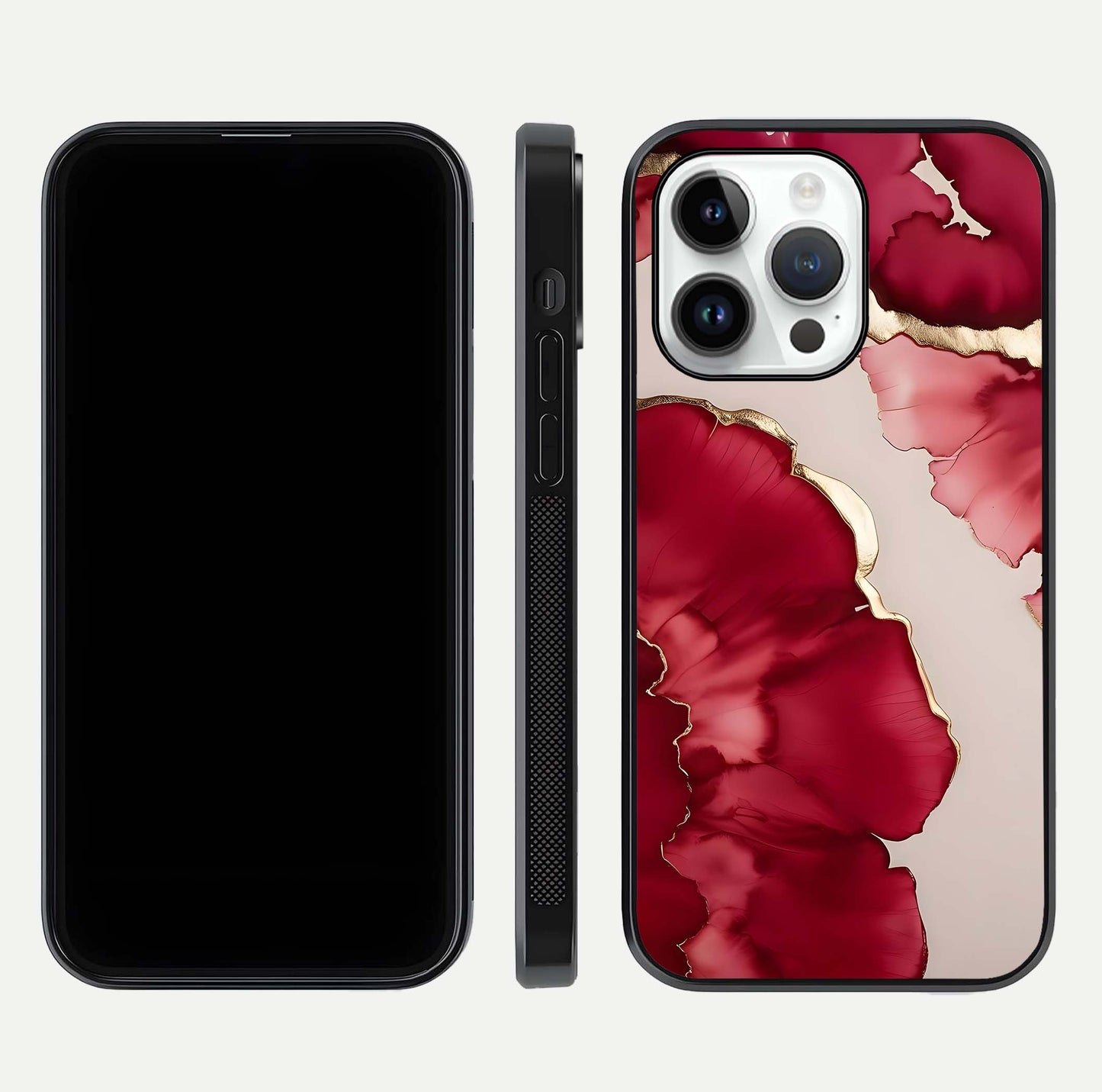 Pink & White Marble Glass Case for iPhone 14 Pro front & back layout showing landscape art and curved edge finish