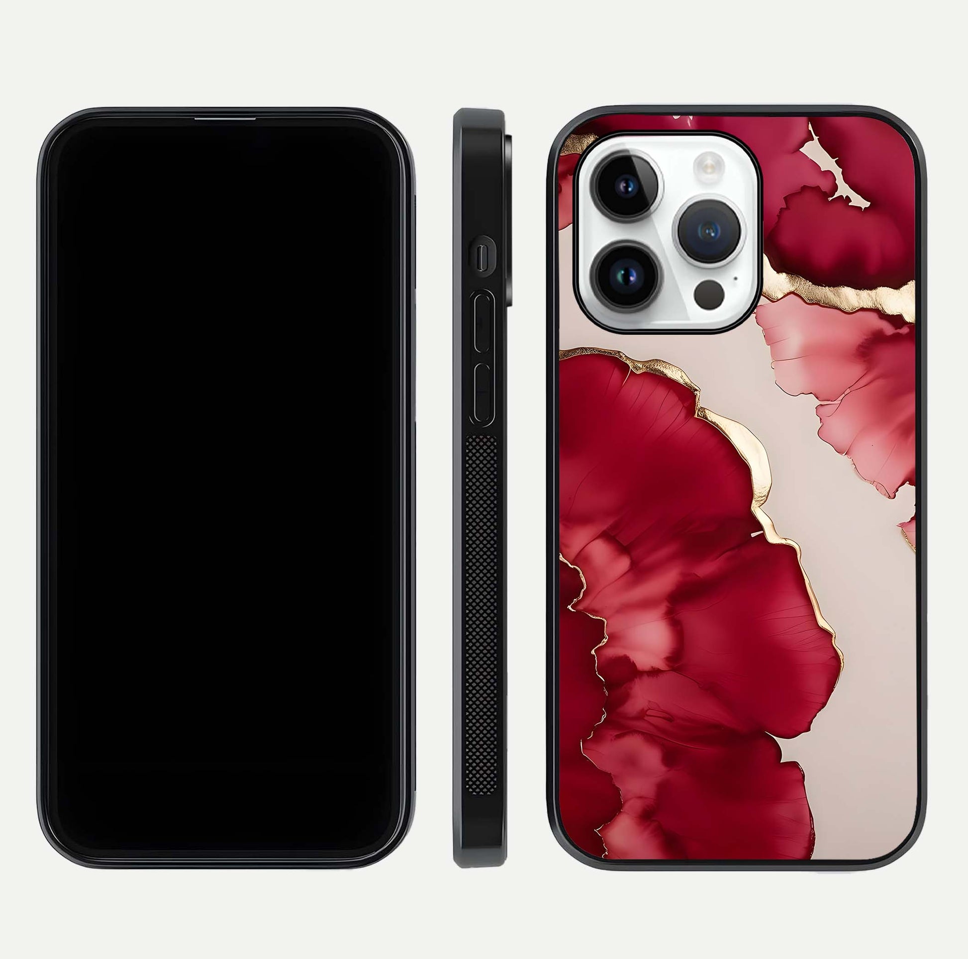 Pink & White Marble Glass Case for iPhone 14 Pro front & back layout showing landscape art and curved edge finish