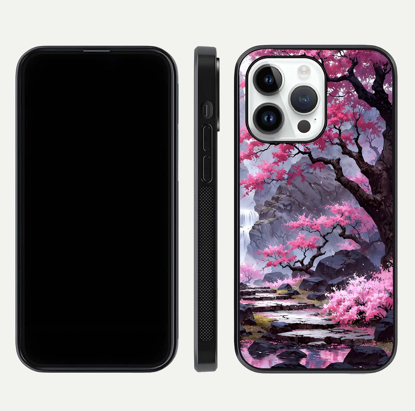 Pinkish Scenery Glass Case for iPhone 14 Pro front & back layout showing landscape art and curved edge finish