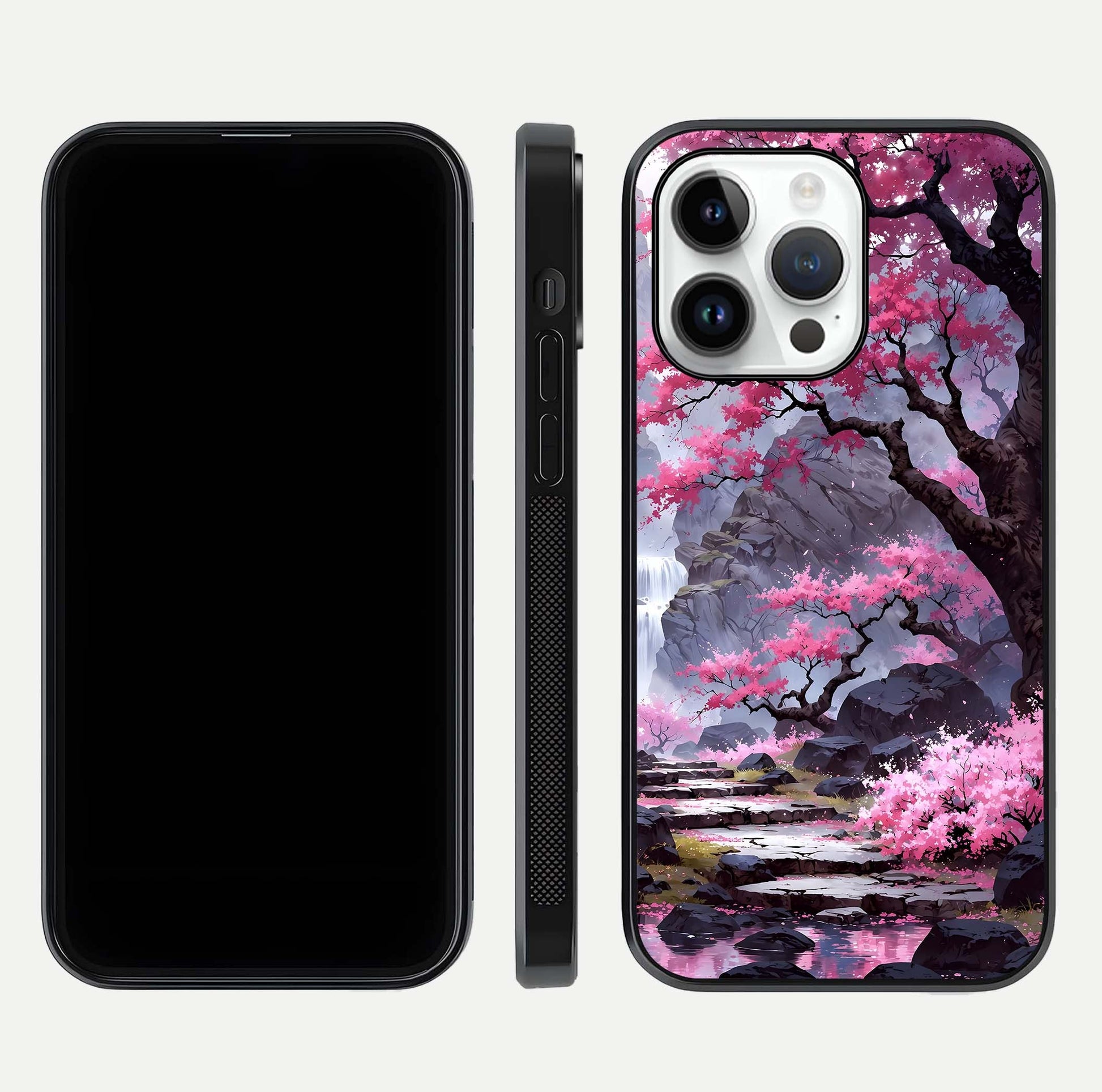 Pinkish Scenery Glass Case for iPhone 14 Pro front & back layout showing landscape art and curved edge finish