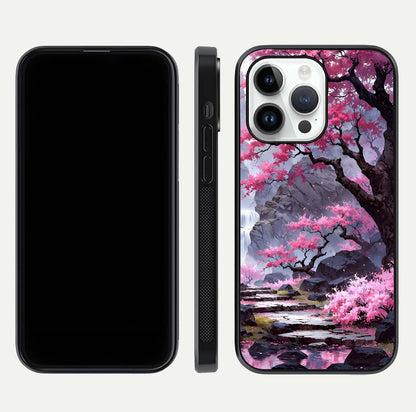 Pinkish Scenery Glass Case for iPhone 14 Pro front & back layout showing landscape art and curved edge finish