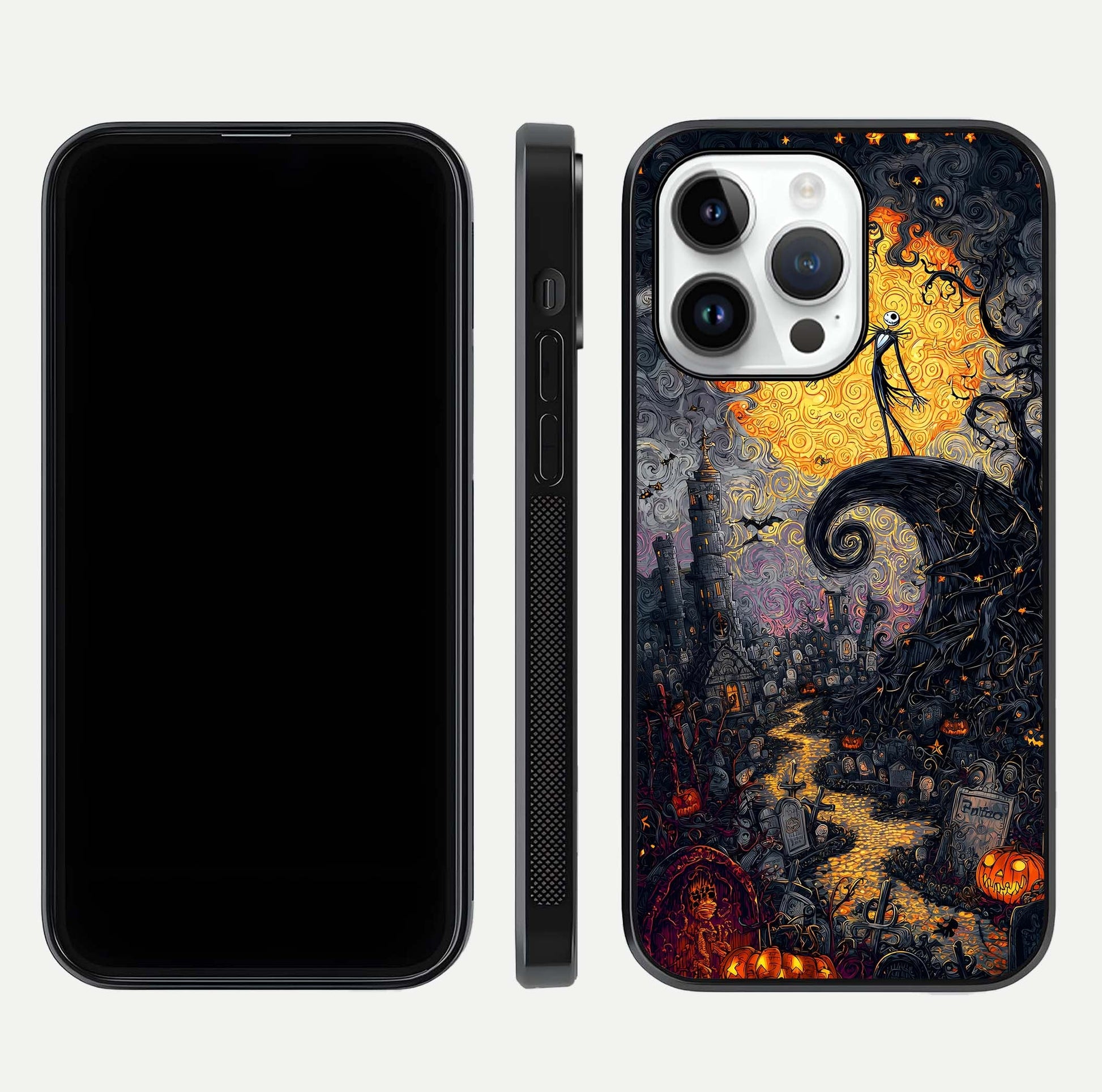 Pumpkin Moon Night Glass Case for iPhone 14 Pro front & back layout highlighting festive tones and smooth edges