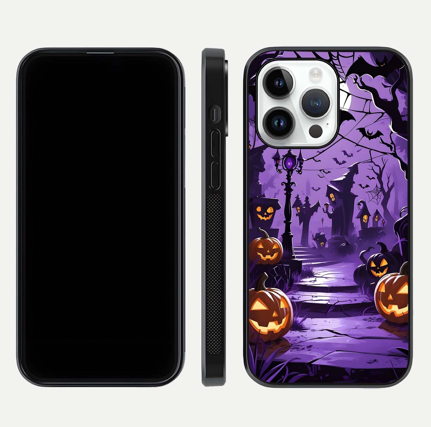 Pumpkin Patch Halloween Glass Case for iPhone 14 Pro front & back layout showing festive Halloween print