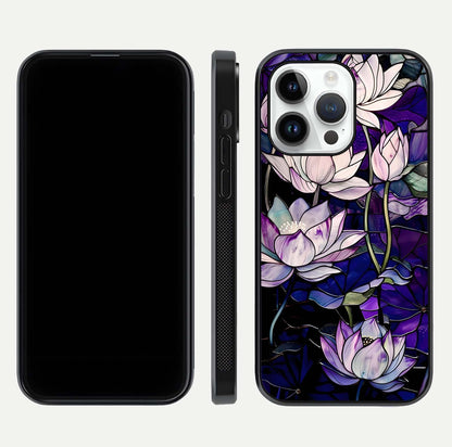 Purple Lotus Pattern Glass Case for iPhone 14 Pro front & back layout highlighting floral tones and soft edges