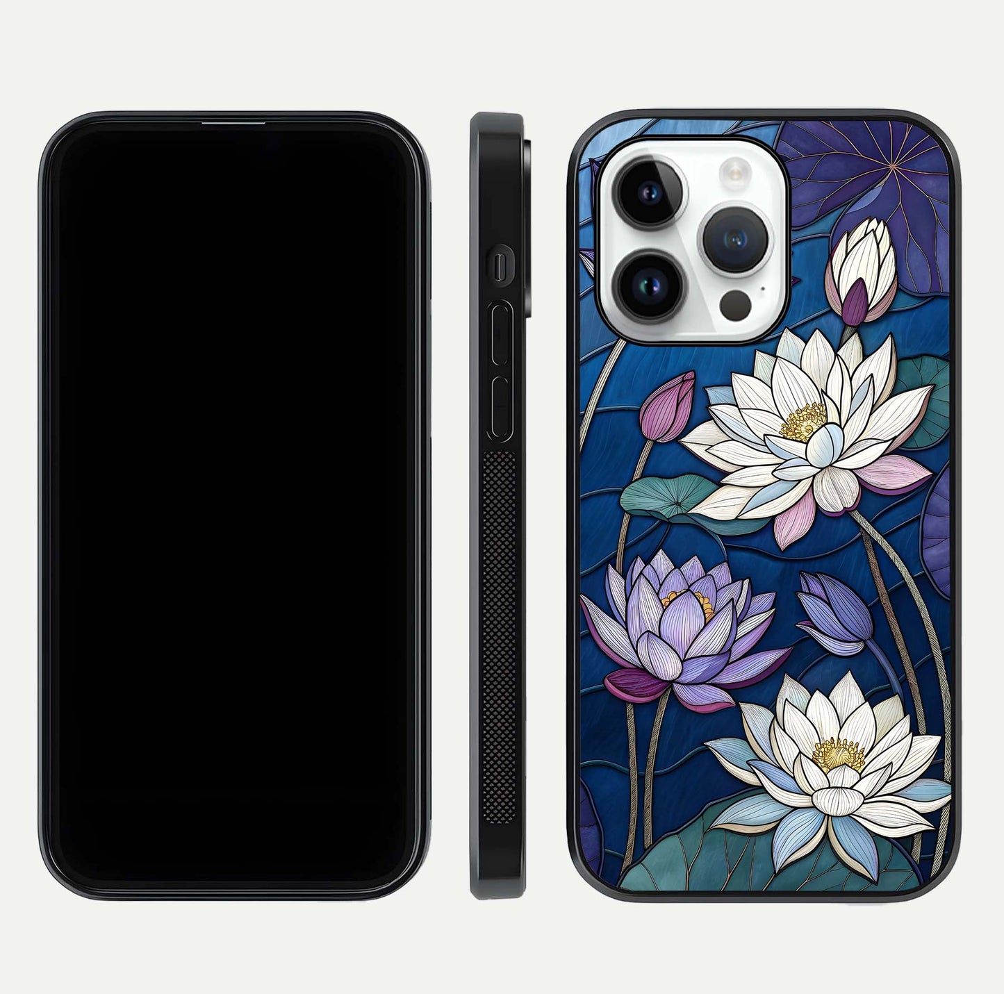 Purple Lotus Stained Glass Case for iPhone 14 Pro front & back layout showing bright tones and smooth edge finish