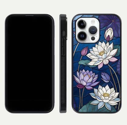 Purple Lotus Stained Glass Case for iPhone 14 Pro front & back layout showing bright tones and smooth edge finish