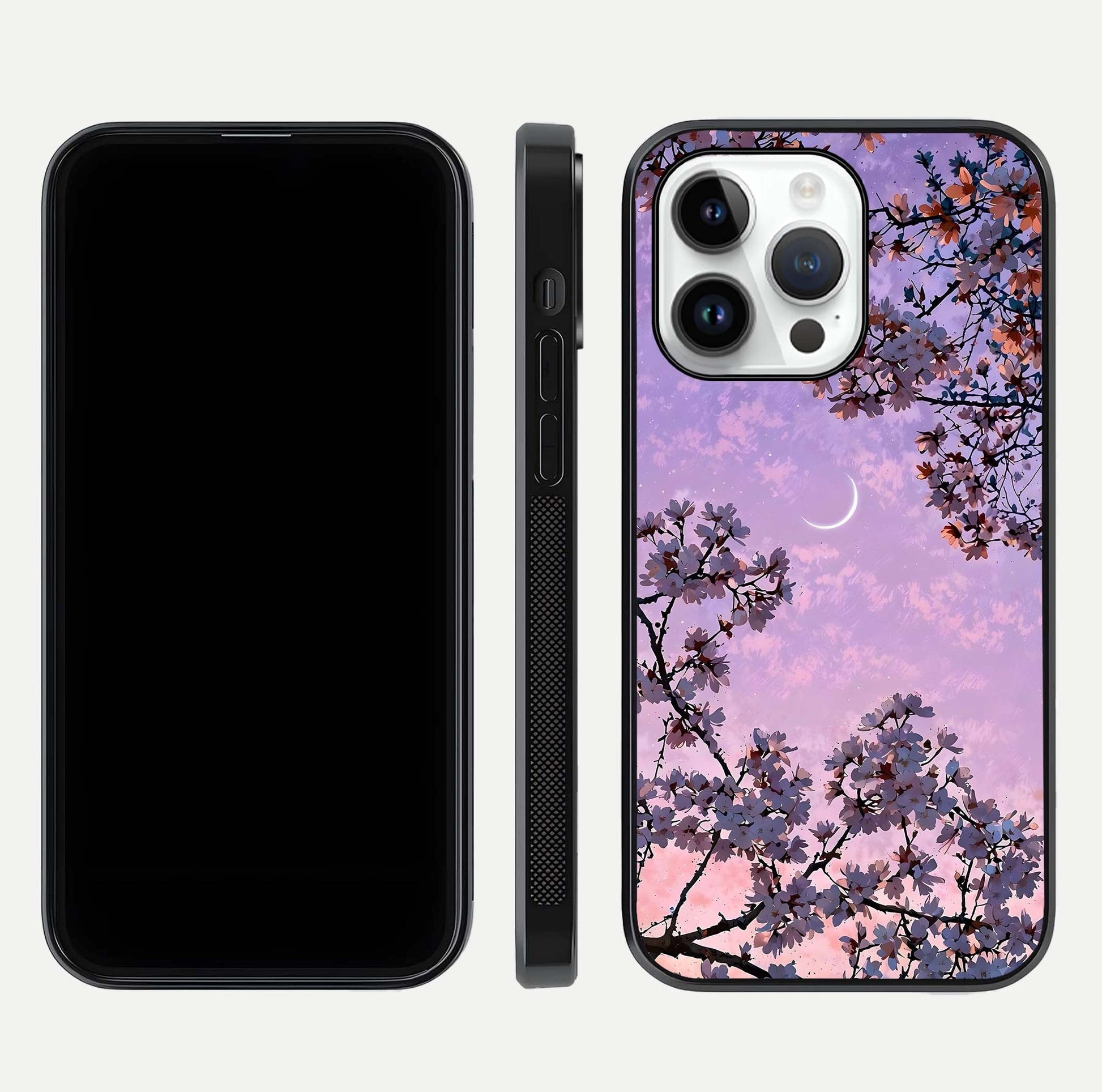 Purple Serenity Moon Glass Case for iPhone 14 Pro front & back layout highlighting celestial tones and curves