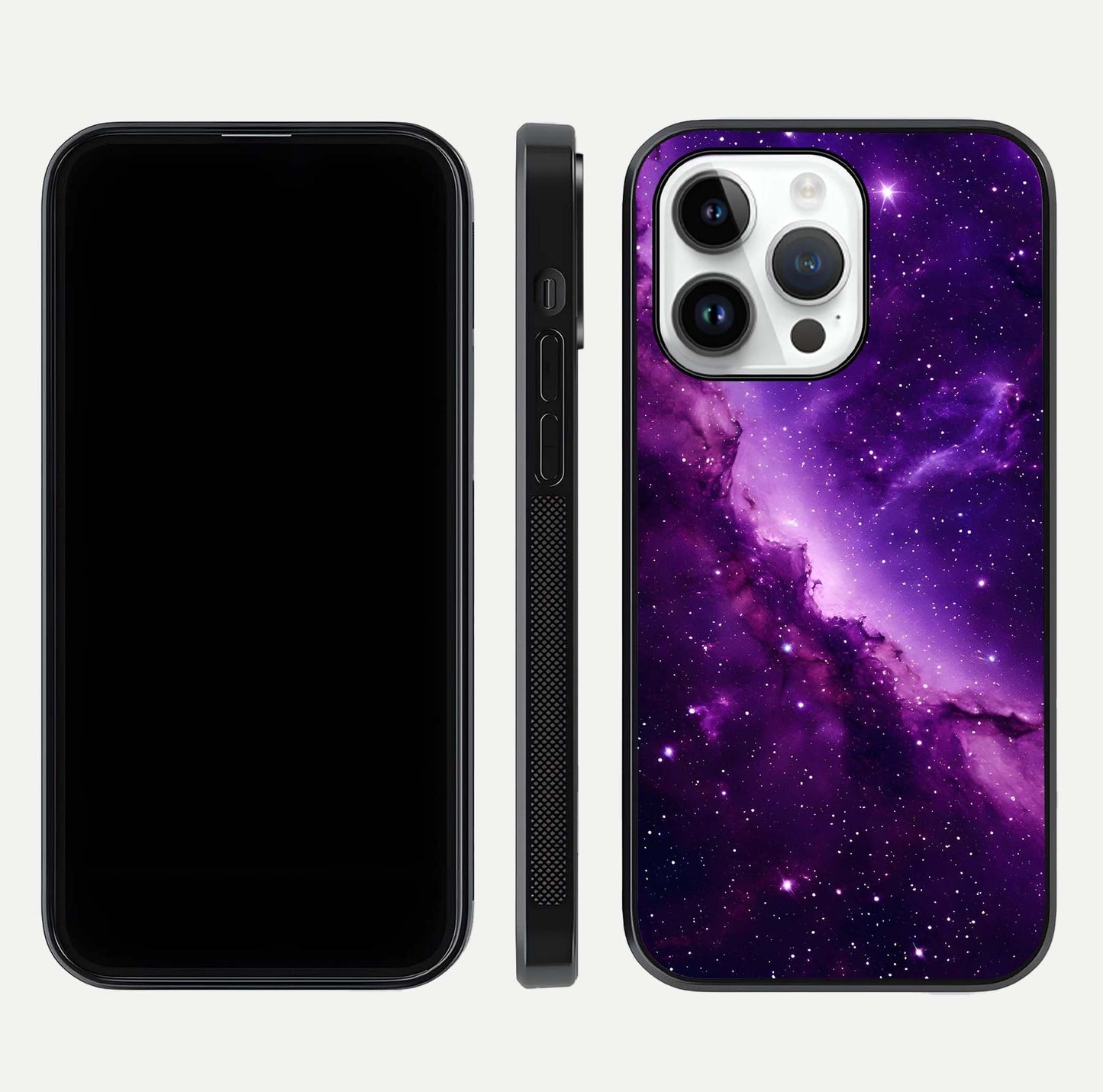 Purple Shade Sky Glass Case for iPhone 14 Pro front & back layout showing HD tones and clean glass edges