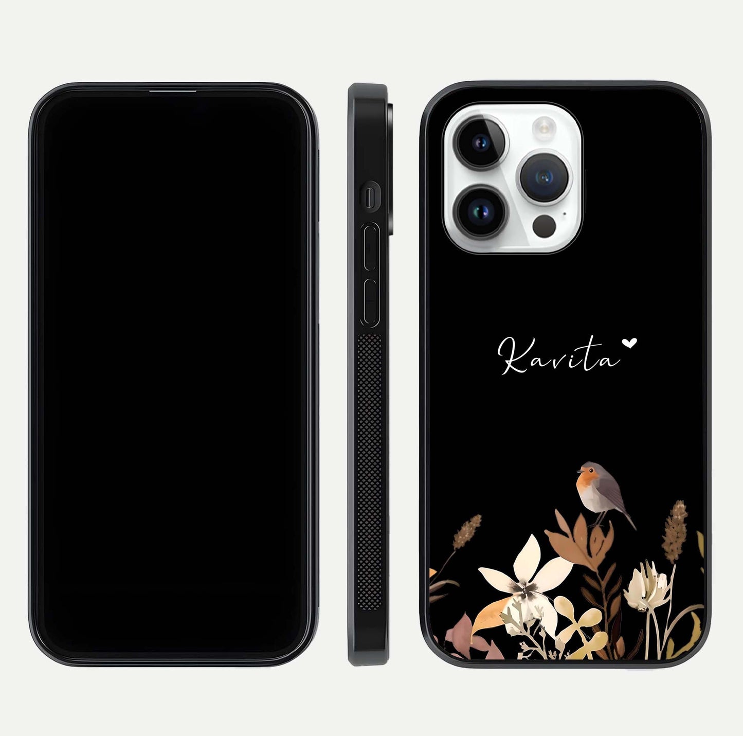 Quiet Garden Tune Custom Name Glass Case for iPhone 14 Pro front & back layout highlighting name area and edges