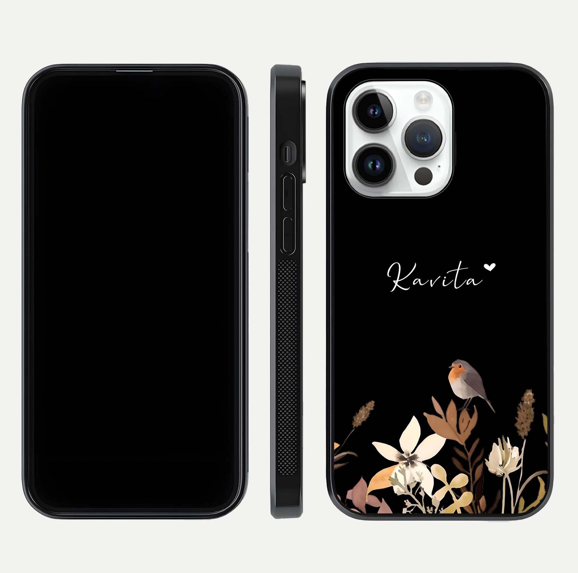 Quiet Garden Tune Custom Name Glass Case for iPhone 14 Pro front & back layout highlighting name area and edges