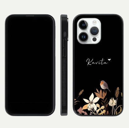 Quiet Garden Tune Custom Name Glass Case for iPhone 14 Pro front & back layout highlighting name area and edges