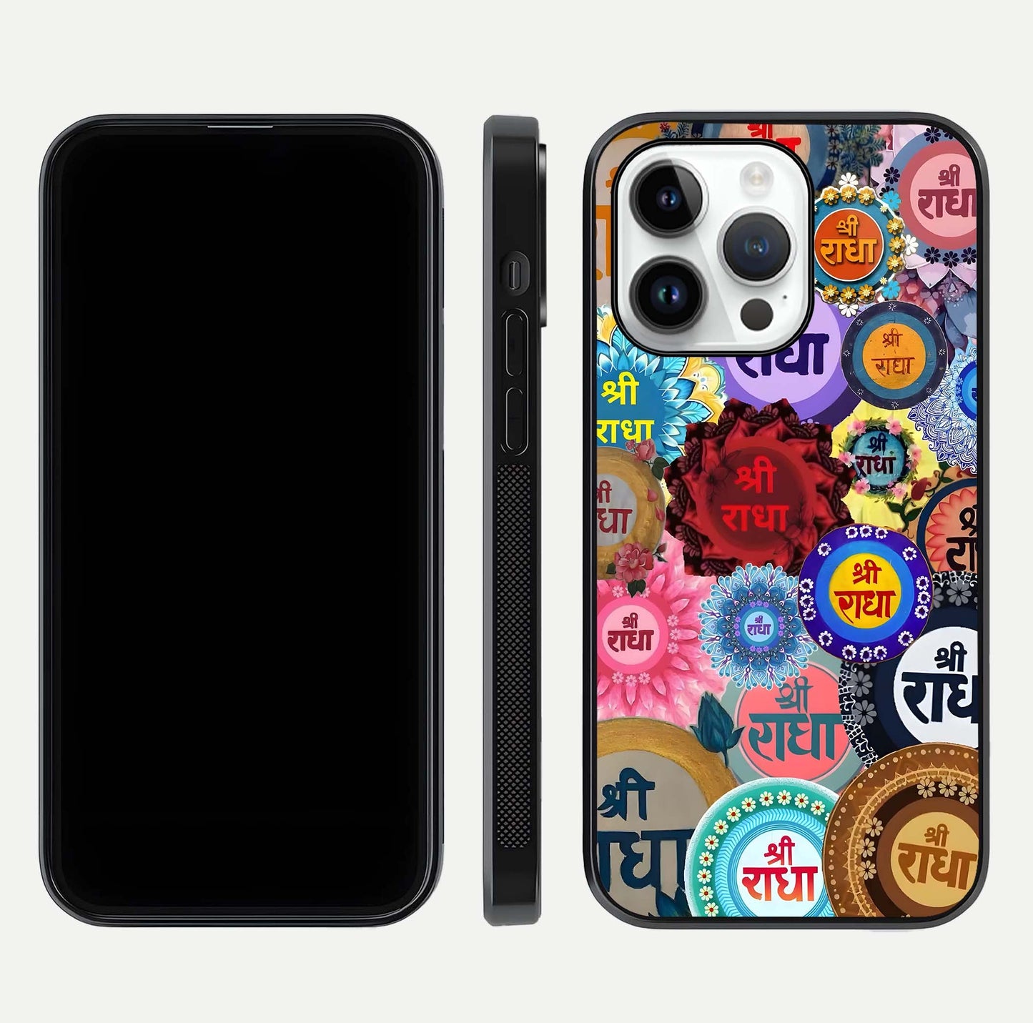 Radha Divine Bloom Glass Case for iPhone 14 Pro front & back layout showing spiritual tones and elegant edges