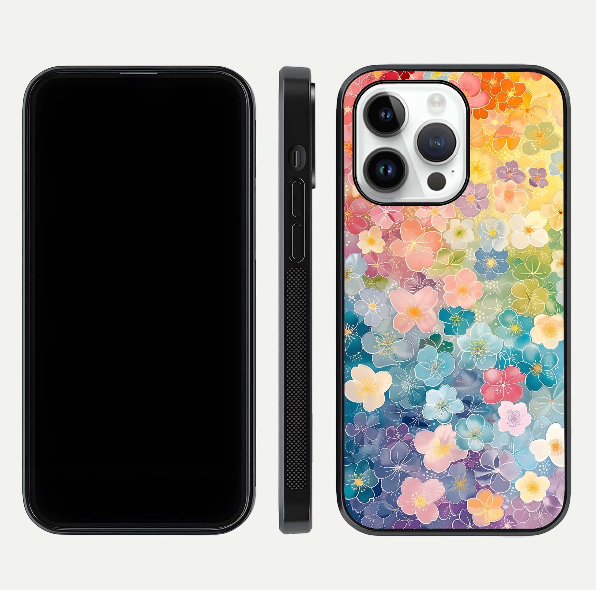 Rainbow Blossom Burst Glass Case for iPhone 14 Pro front & back layout showing bright tones and edge finish