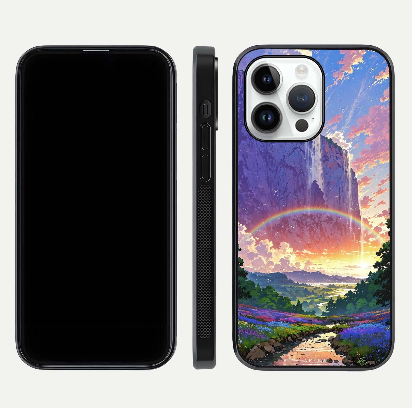 Rainbow Valley Dream Glass Case for iPhone 16 Pro front & back layout showing smooth color blend and curved edge