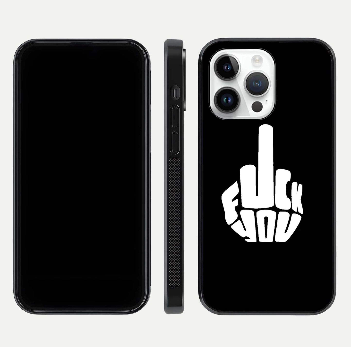 Rebel Mode On Glass Case for iPhone 14 Pro front & back layout showing minimal tone and clean edge fit