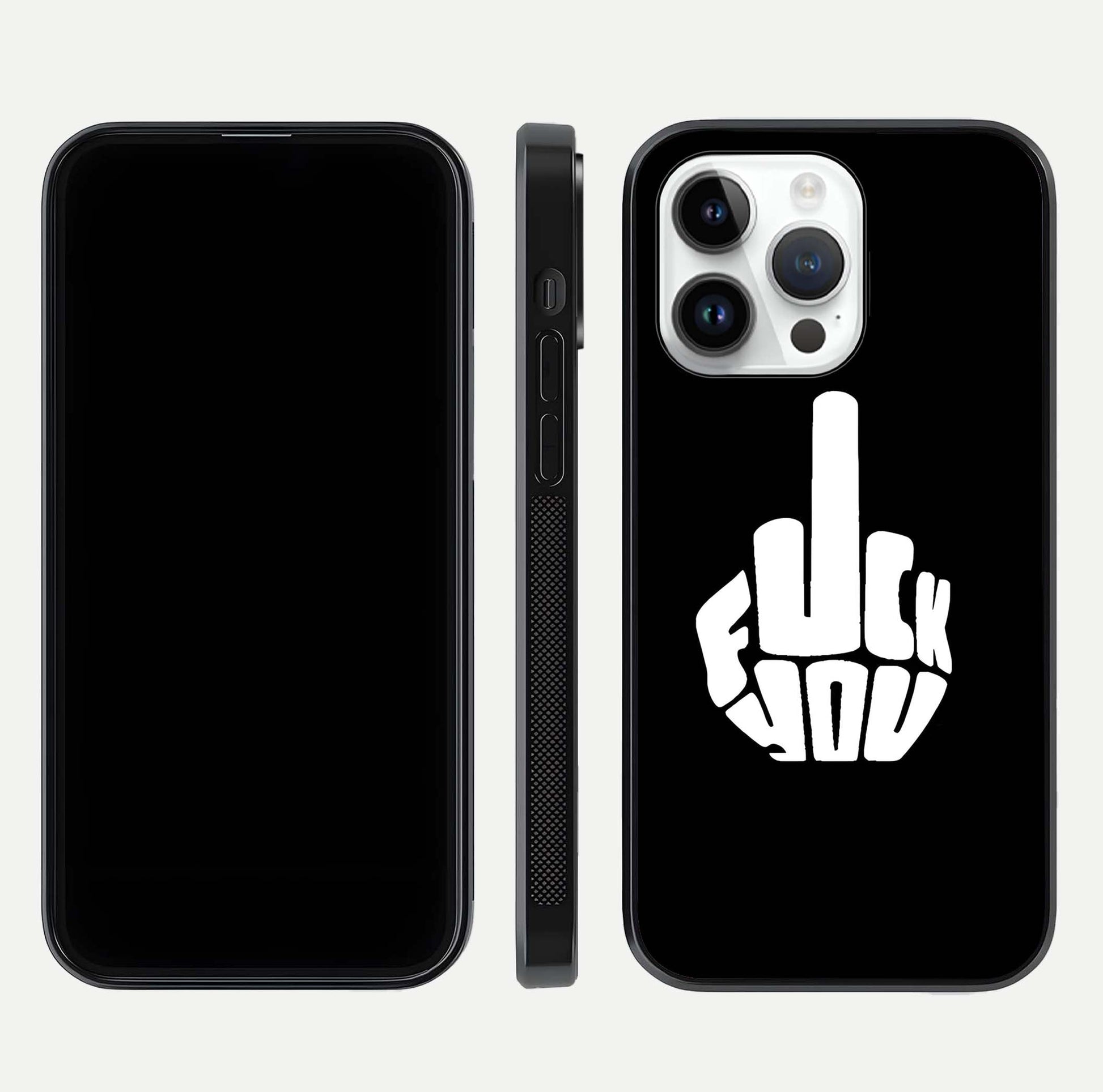 Rebel Mode On Glass Case for iPhone 14 Pro front & back layout showing minimal tone and clean edge fit