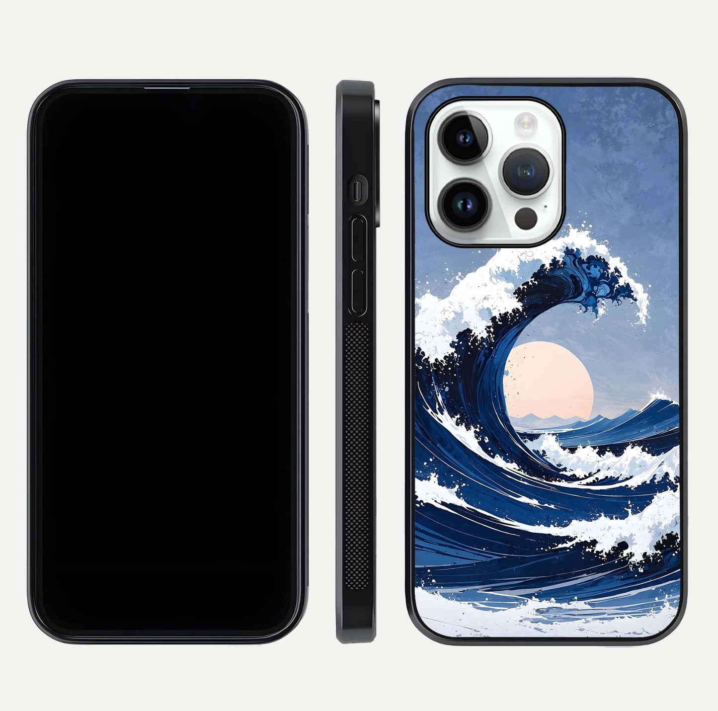 Rising Tide Power Glass Case for iPhone 14 Pro front & back layout showing ocean design and smooth glass edge