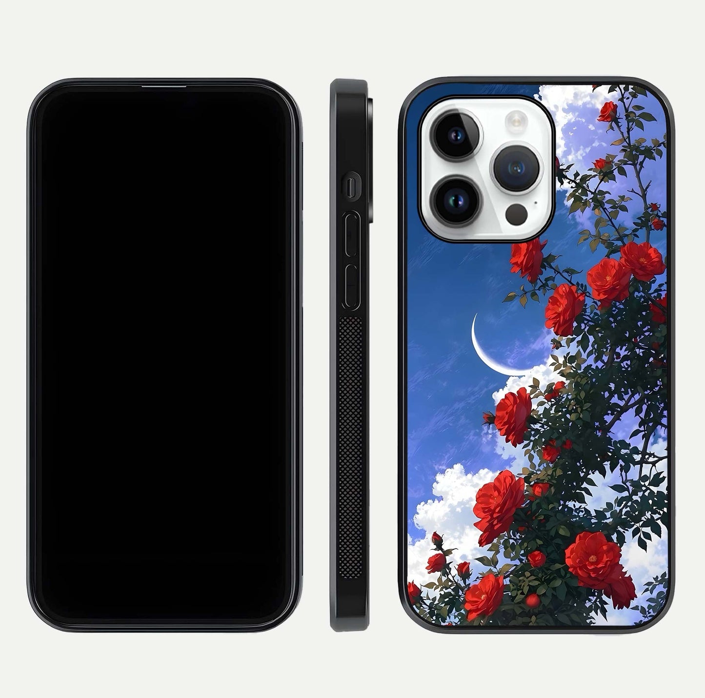 Rose Drift Flowers Glass Case for iPhone 14 Pro front & back layout showing rose gradient tones and edges